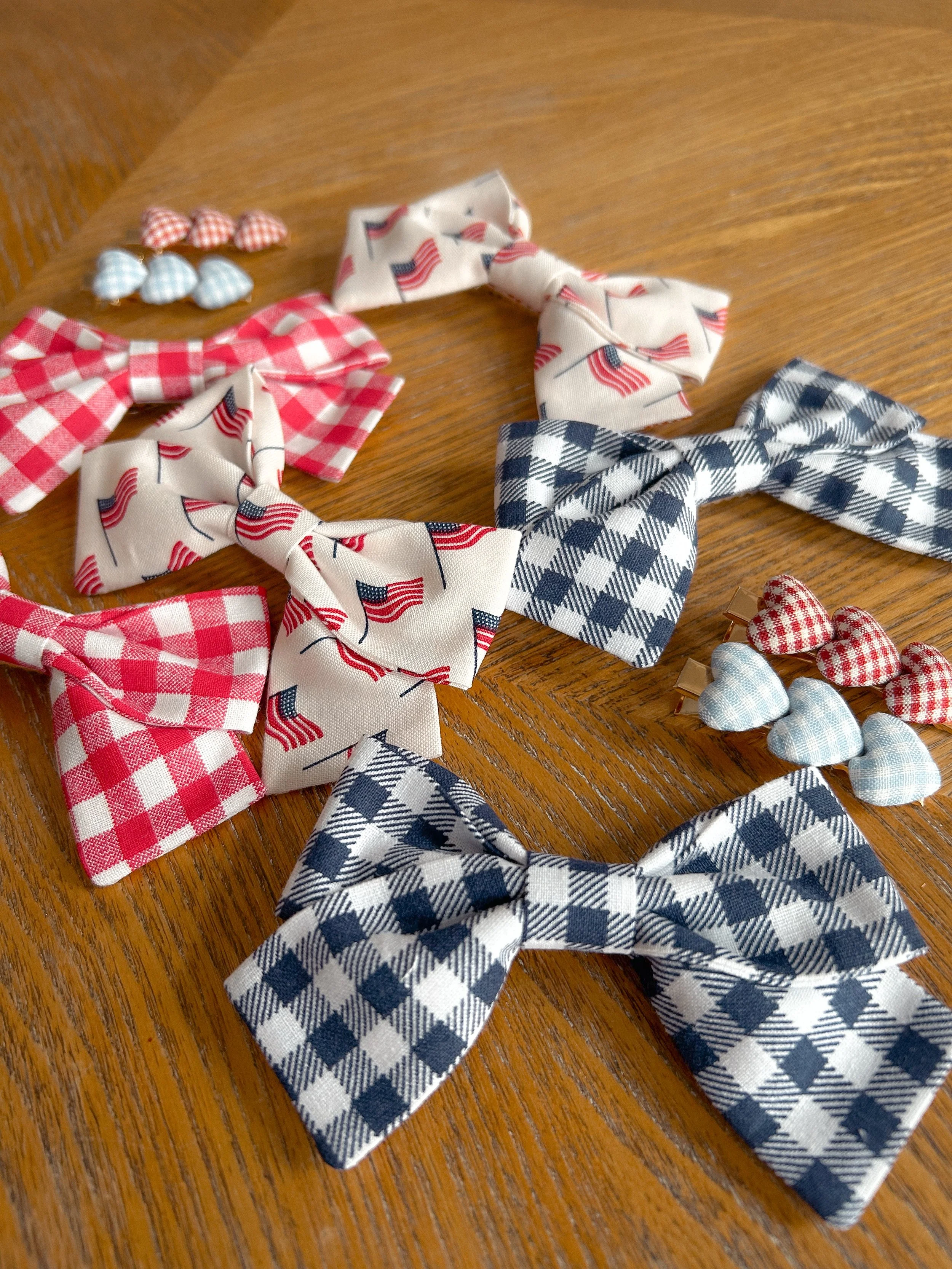 Americana, red, white, blue gingham children and toddler hair bows
