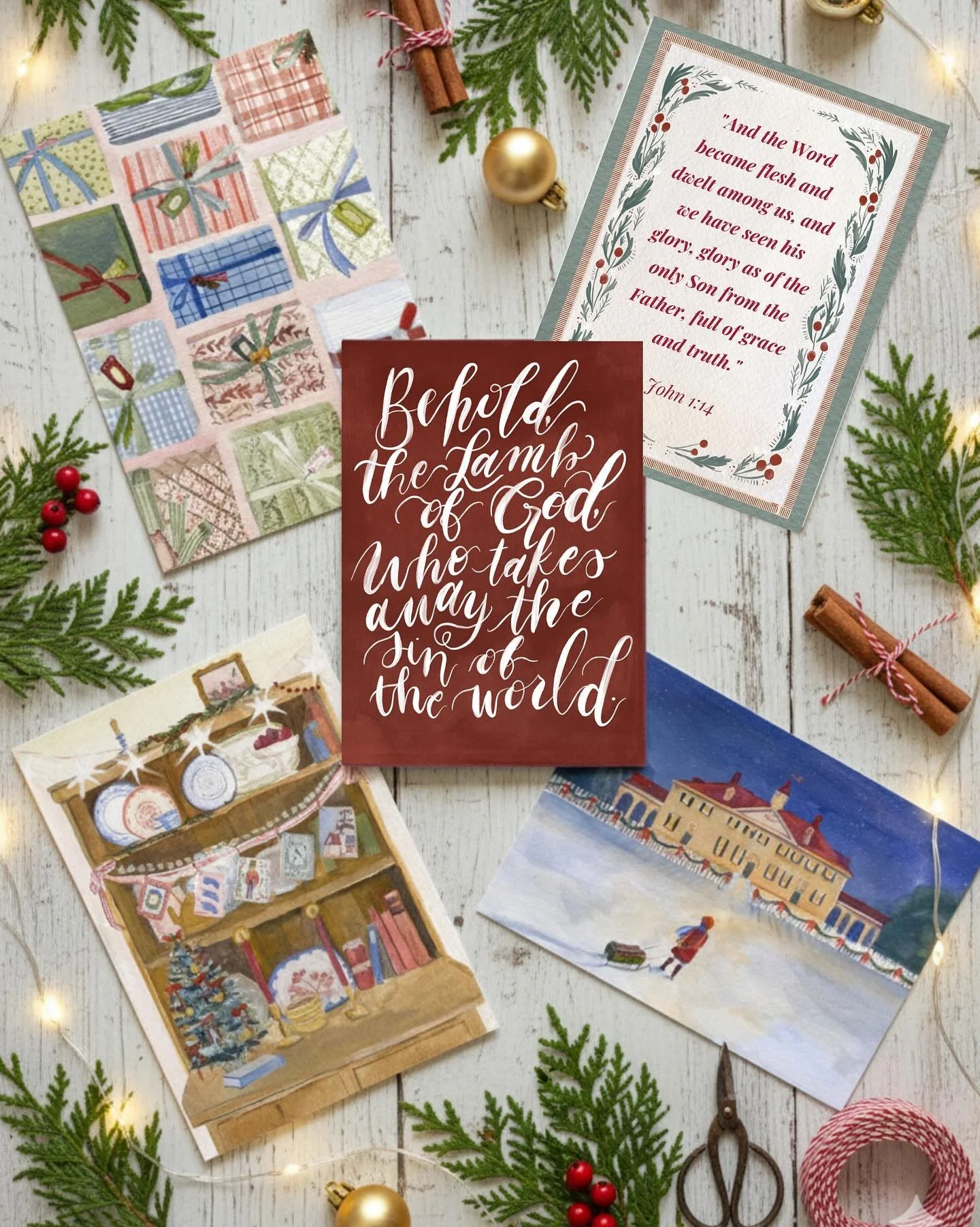 We are so excited to release our Christmas cards for the holiday season!  From a darling decorated hutch to sledding at Mt. Vernon, we hope to bring a bit of Christmas cheer. 

Grace has hand drawn and hand painted these beautiful 5x7, folded cards t