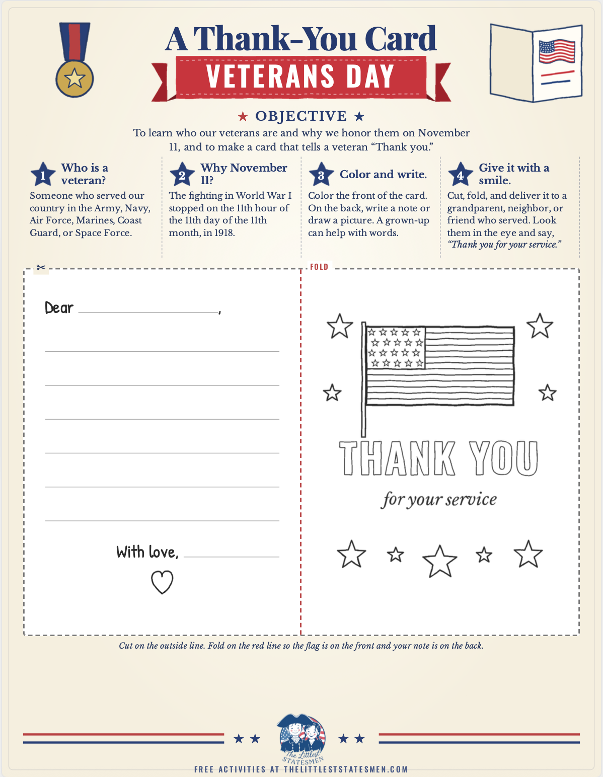 Free Veterans Day Card Printable for Kids to Color