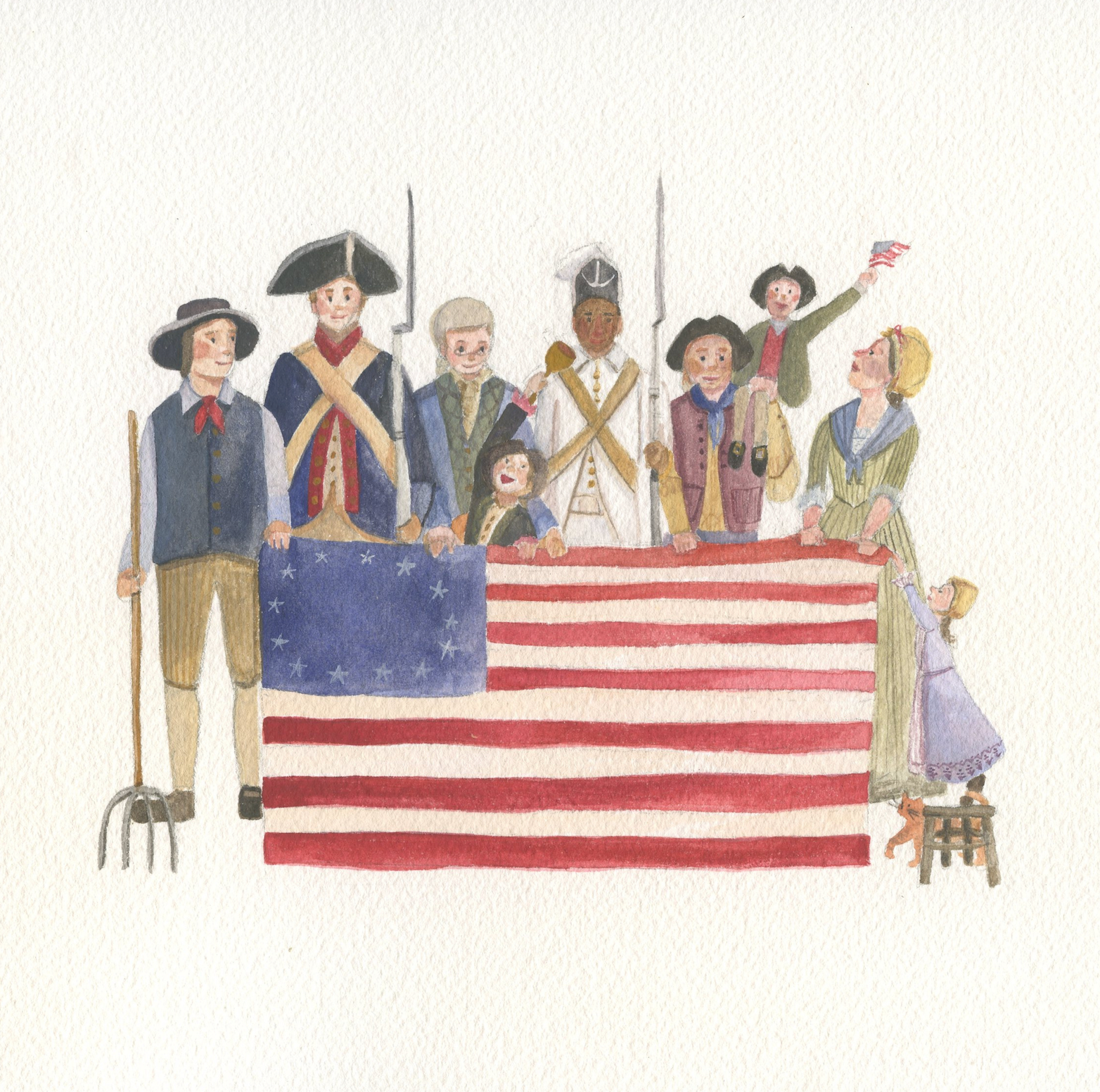 Illustration of American Revolutionary War soldiers and children celebrating at a patriotic event with a large American flag.