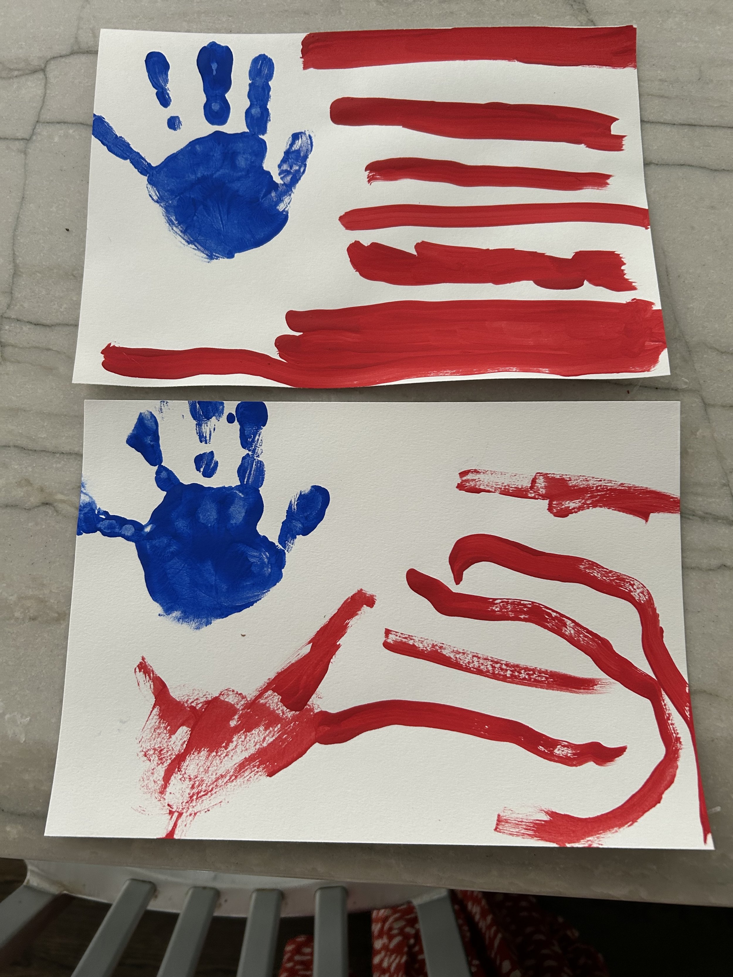 American flag painted by young children. A simple craft for toddlers and preschoolers to honor their country, learn about America's history and founding, and a fun opportunity to slow down and get messy.