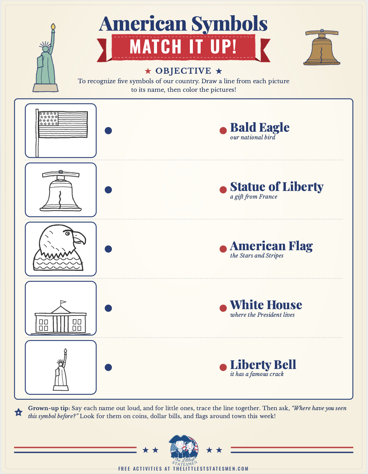American Symbols for Kids: Free Matching Worksheet