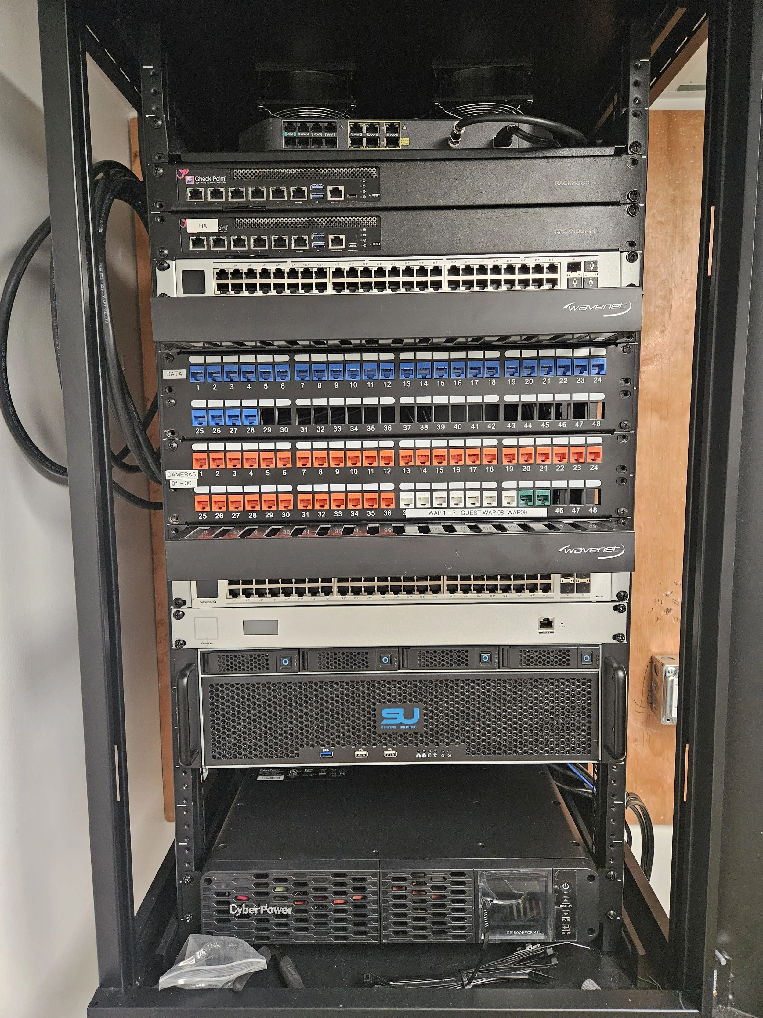 Commercial network, security, and audio rack buildout with organized patch panels, switching, firewall equipment, amplifier, and UPS backup.