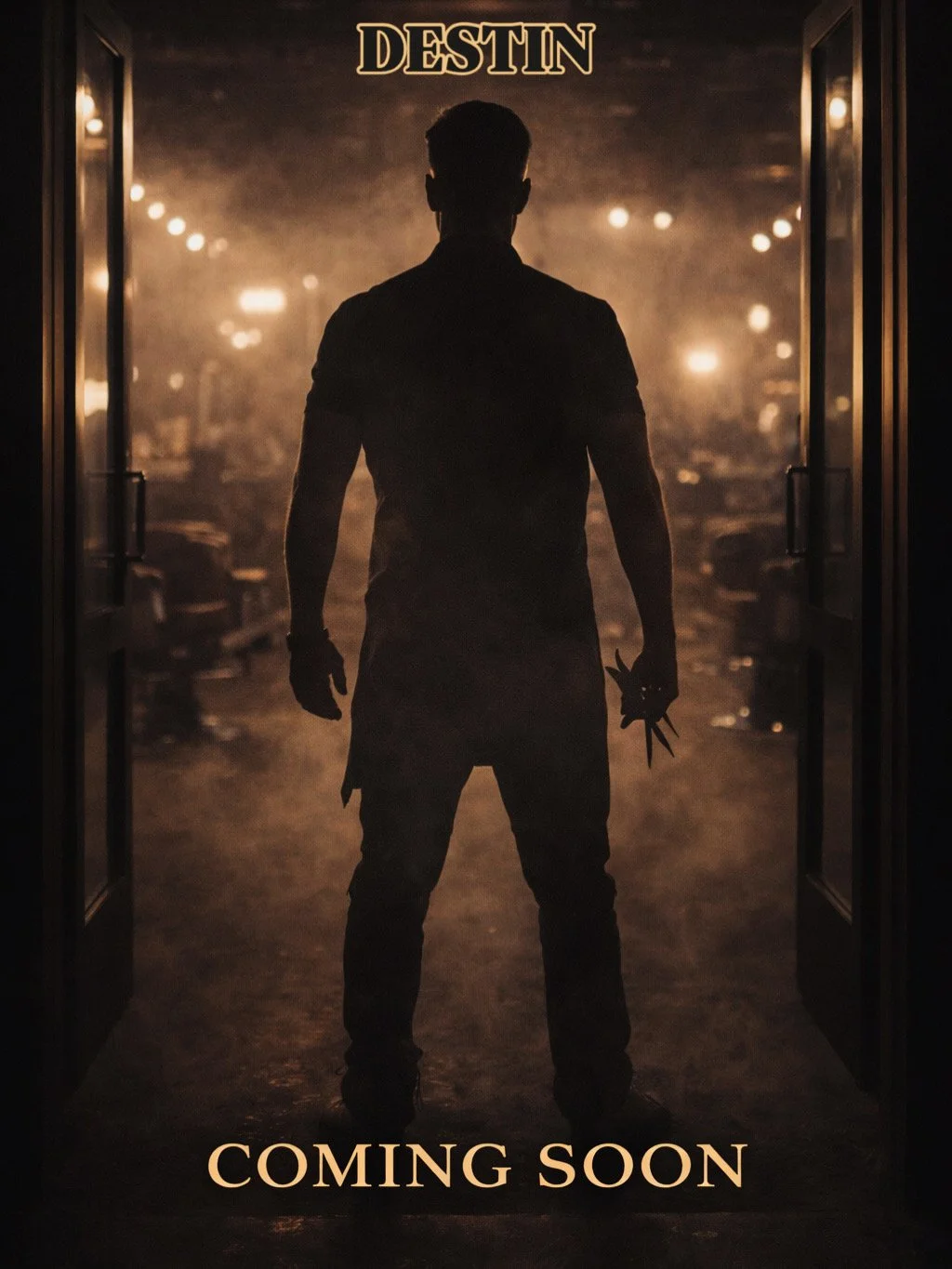 Silhouette of a man holding a star-shaped object, standing in front of a door with glowing lights and a parking lot in the background. Text at the top says 'DESTIN', and at the bottom says 'COMING SOON'.