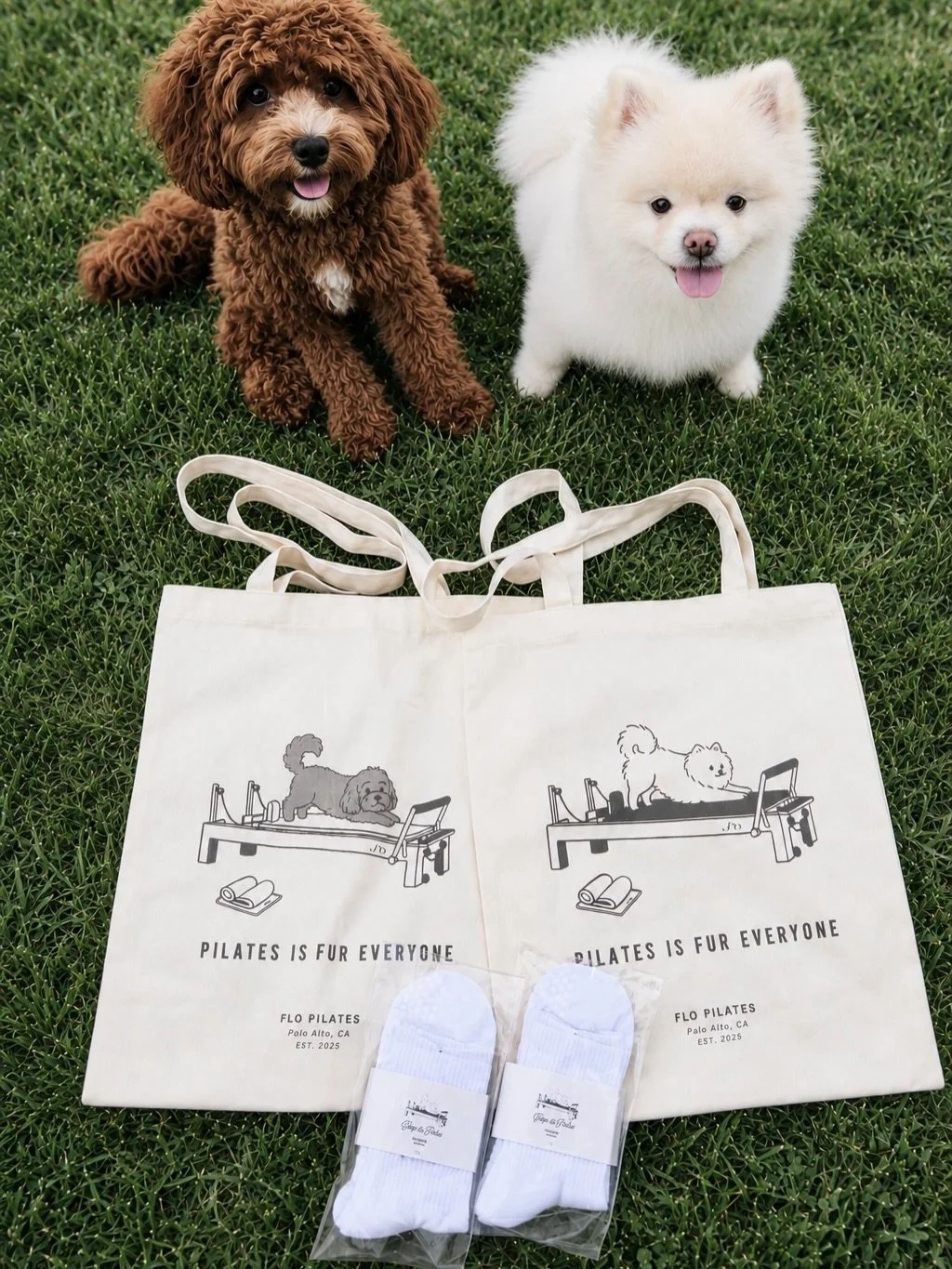 our dogs officially made it onto FLO merch!! 🐾

we made these grip socks inspired by our own pups, with **one dog on each side of the sock** because choosing just one was obviously not an option.😏

and yes, there&rsquo;s a matching little tote beca