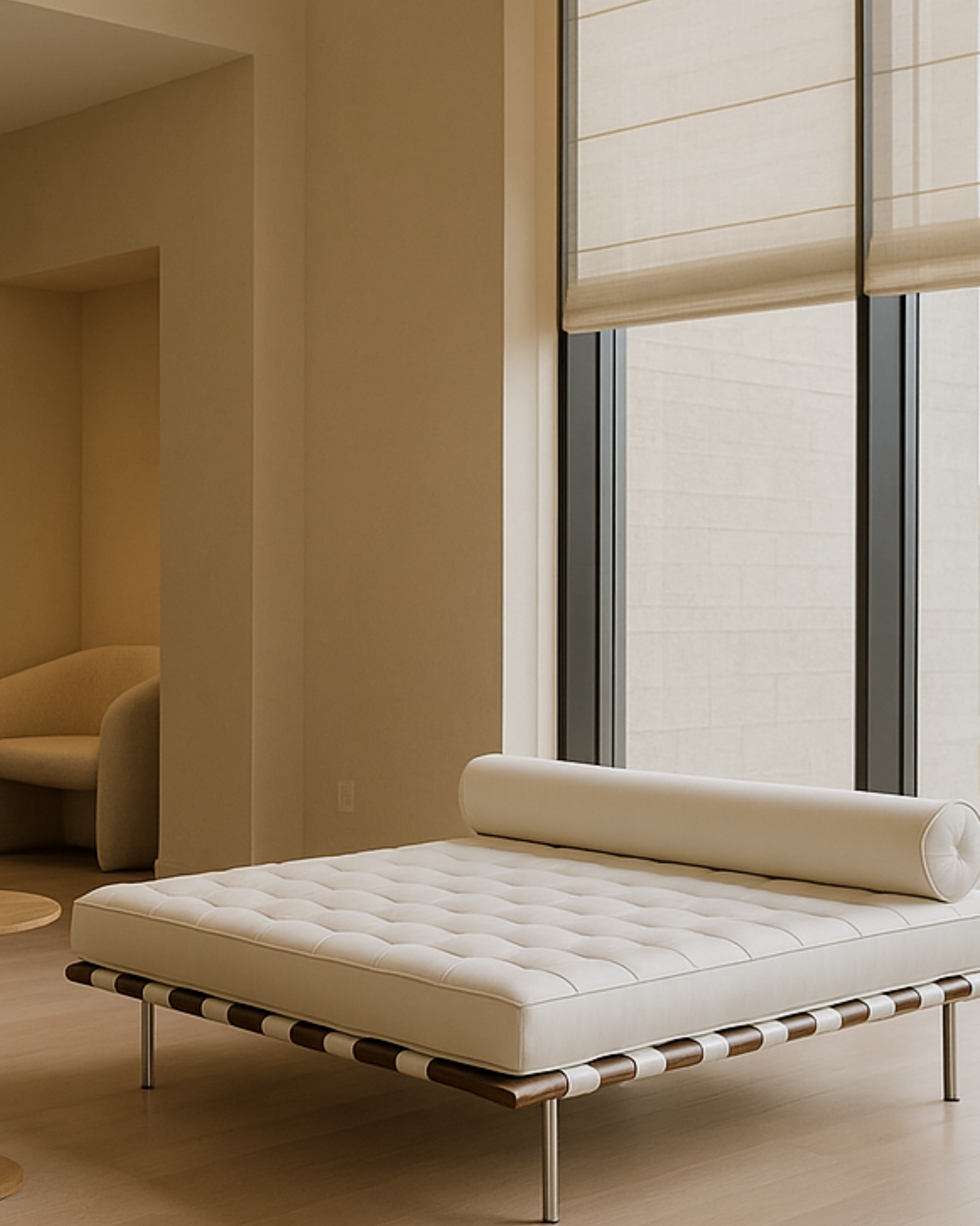 Modern interior room with a white cushioned daybed near a large window with beige blinds.