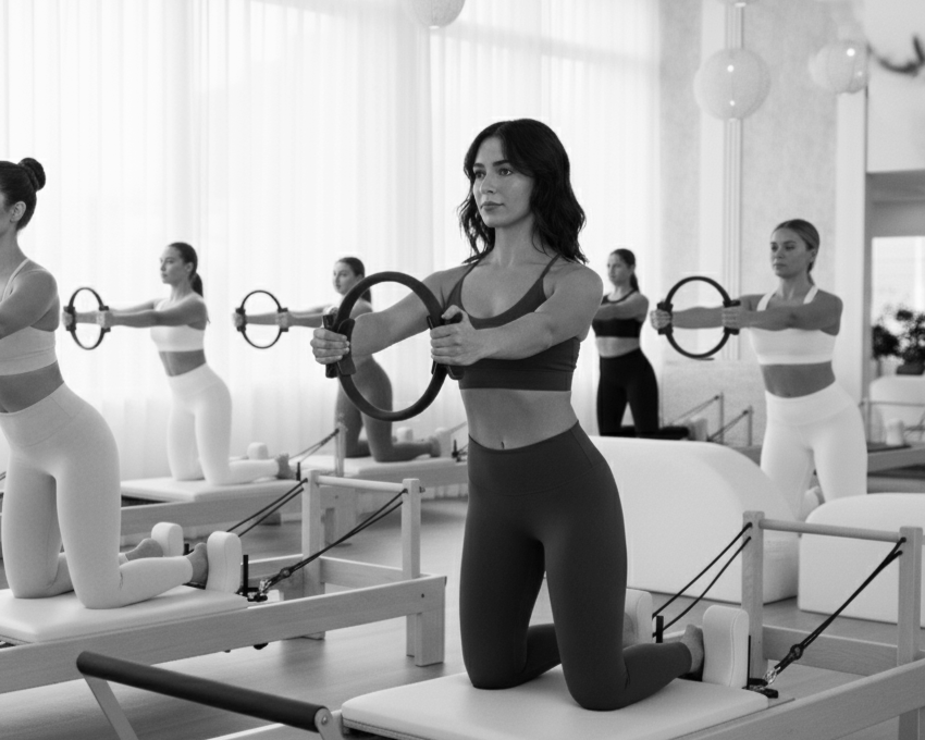 A young woman with curly hair holds a yoga ring in a fitness studio.