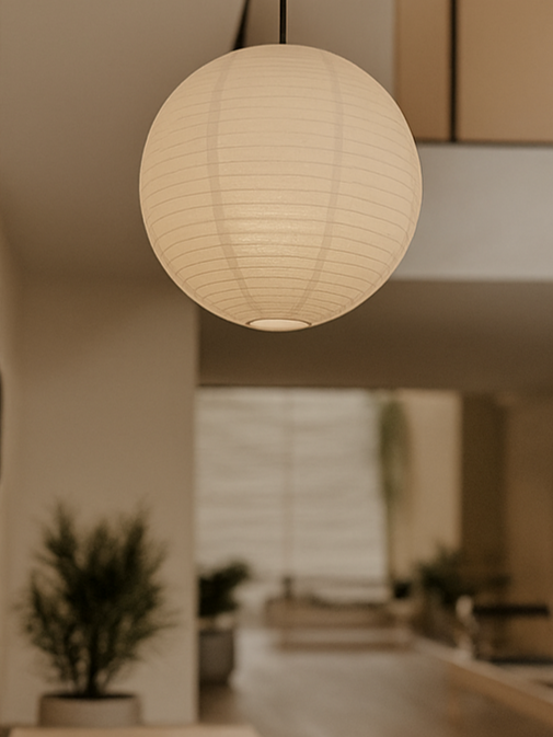 Round white paper lantern hanging from the ceiling in a modern, well-lit living space.