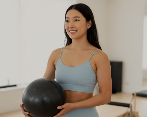 A person practicing yoga on a wooden deck outdoors with singing bowls and a mallet.