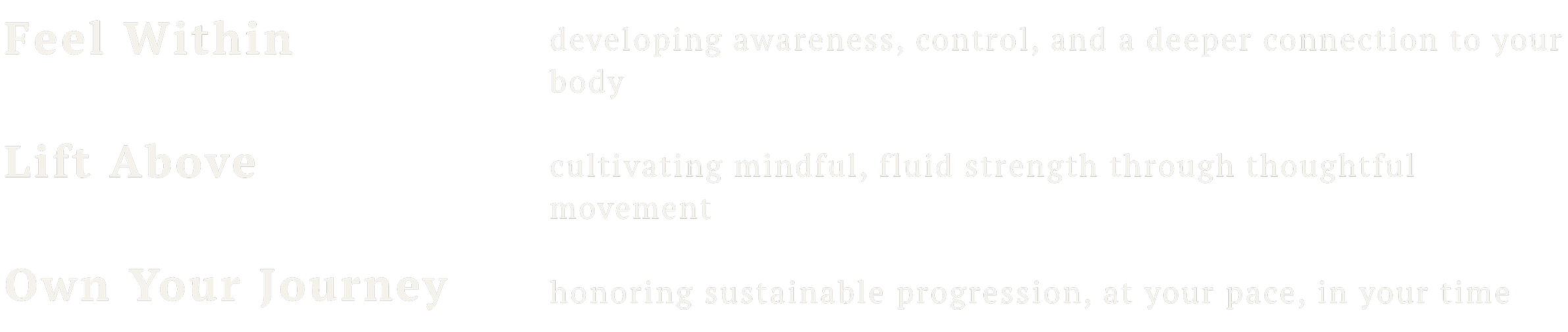 FLO PILATES's brand ethos, with three sections: "Feel Within" about developing awareness and inner connection, "Lift Above":cultivating mindful movement, and "Own Your Journey" : honoring sustainable progression at your own pace.