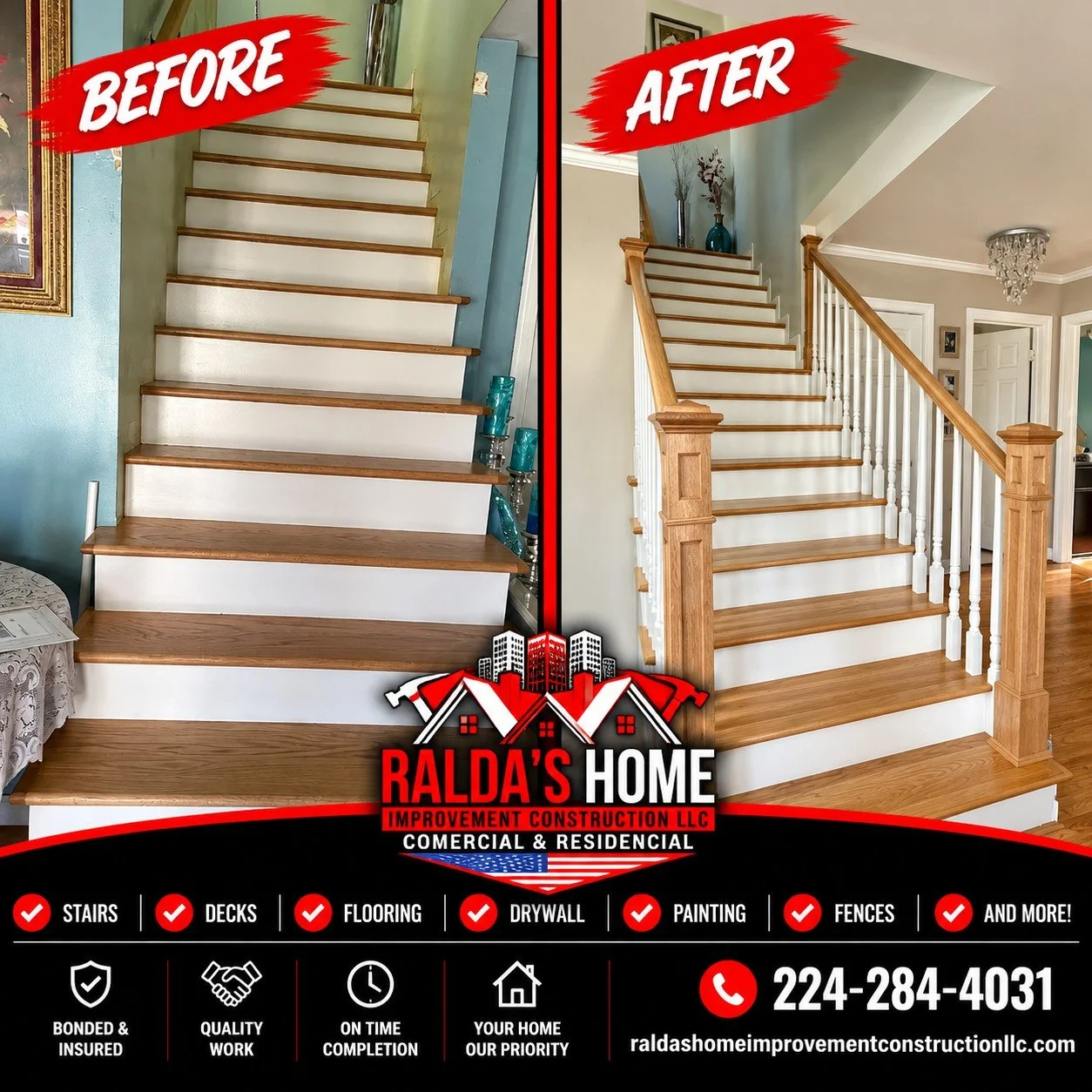 🔥 **SAME STAIRCASE. COMPLETELY DIFFERENT LOOK!**

🏡 **Sometimes, the biggest transformation is in the details!**

Take a look at this beautiful staircase upgrade by **Ralda&rsquo;s Home Improvement Construction LLC!**

From a simple staircase to an