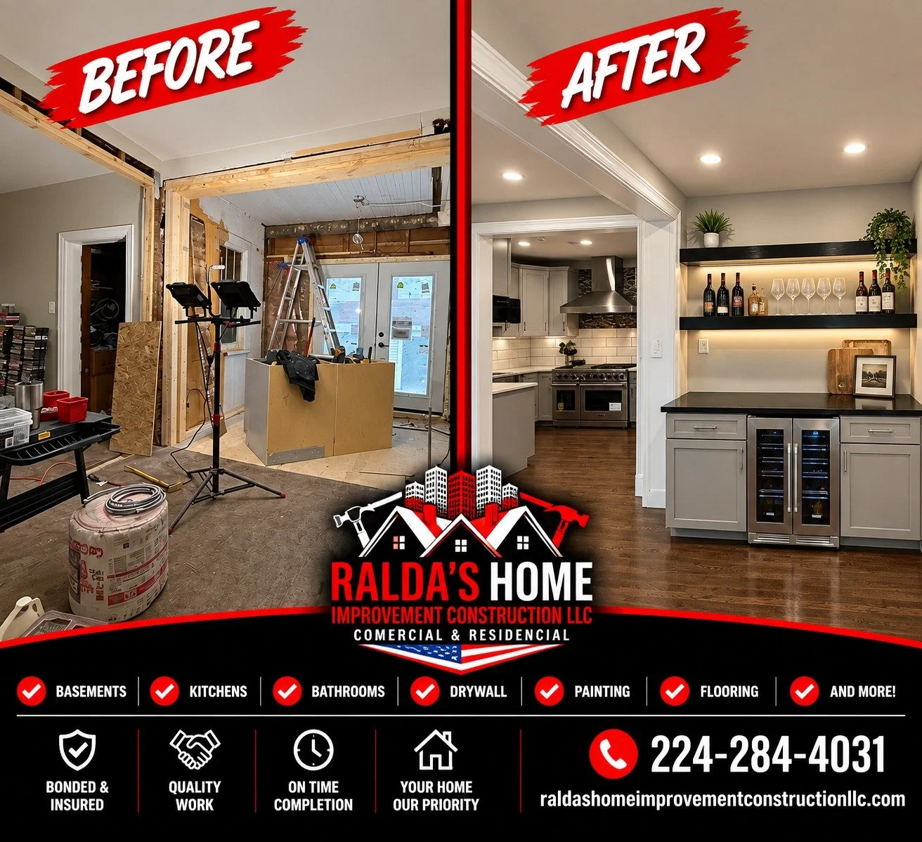 🔥 **FROM CONSTRUCTION ZONE TO DREAM KITCHEN!**

**The before and after says it all!** 🏡

What started as an unfinished renovation is now a beautiful, modern space featuring custom cabinetry, elegant finishes, recessed lighting, built-in wine cooler