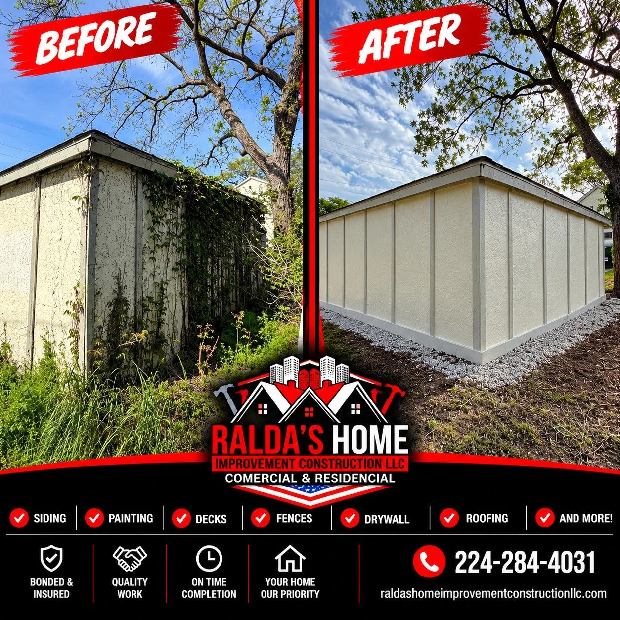 🔥 **DON&rsquo;T TEAR IT DOWN &mdash; TRANSFORM IT!**

🏡 **From neglected and overgrown to clean, modern, and beautiful!**

Another exterior transformation by **Ralda&rsquo;s Home Improvement Construction LLC!**

This old shed needed serious attenti