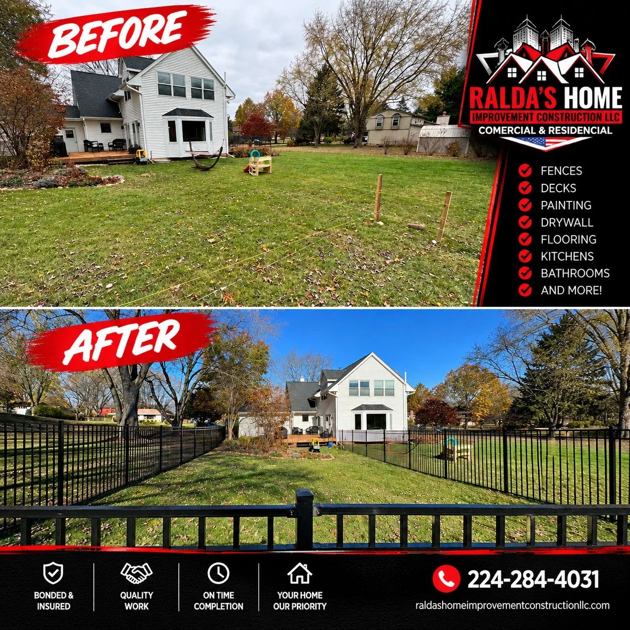 🏡 **NO FENCE, NO PRIVACY? LOOK AT THIS TRANSFORMATION!**

**From an open backyard to a beautifully enclosed outdoor space!**

Another impressive fence installation by **Ralda&rsquo;s Home Improvement Construction LLC!**

A professionally installed f