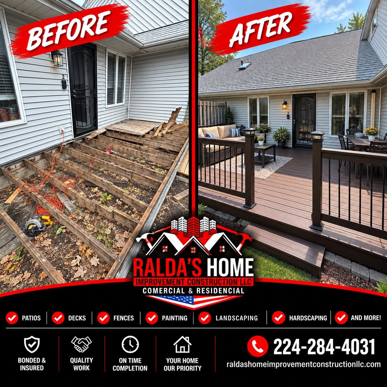 🔥 **YOU WON&rsquo;T BELIEVE THIS DECK TRANSFORMATION!**

**From a worn-out structure to a stunning outdoor living space!** 🏡

At **Ralda&rsquo;s Home Improvement Construction LLC**, we turn outdated outdoor spaces into beautiful, functional areas y