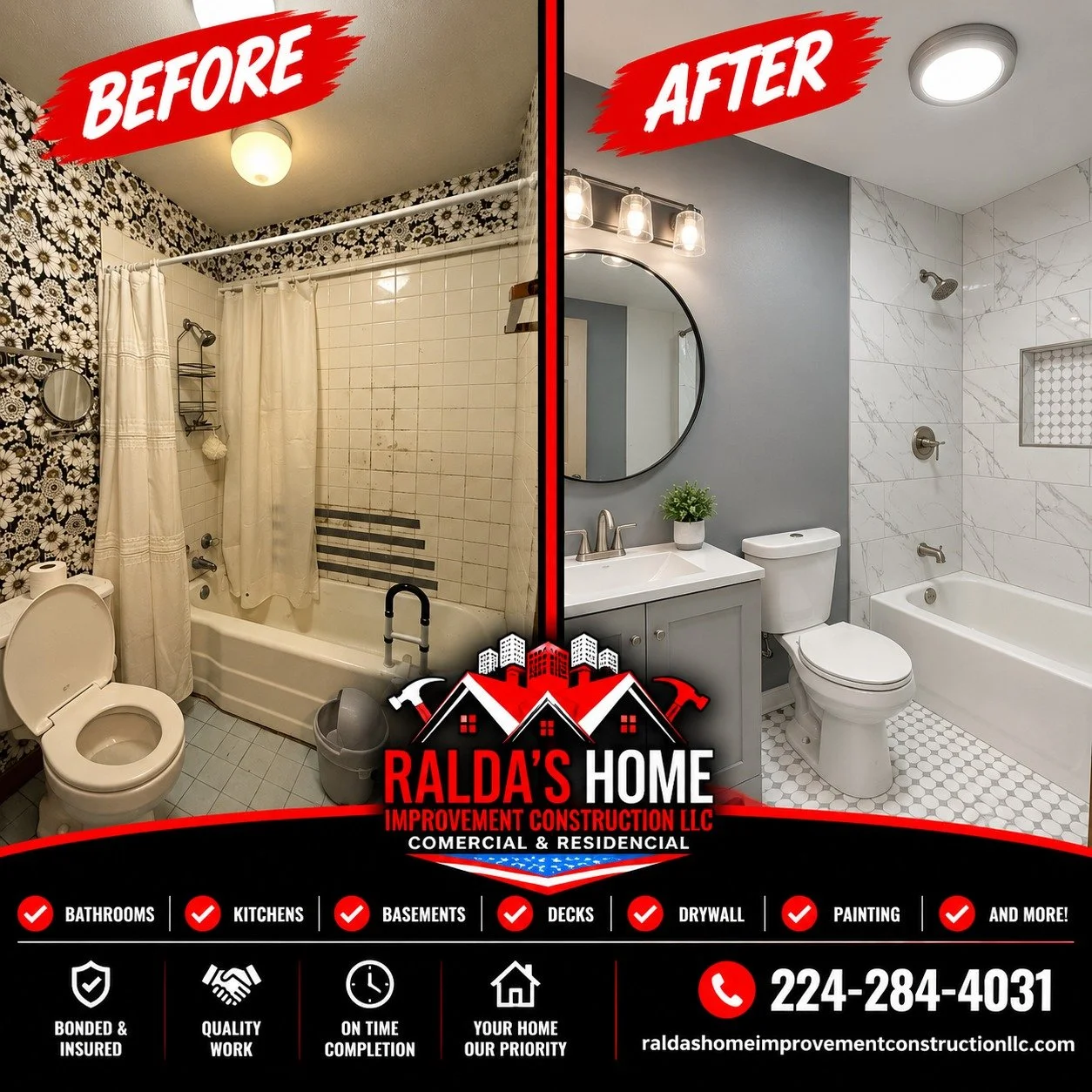 🚿 **OUTDATED BATHROOM? LOOK AT THIS TRANSFORMATION!**

**From old and outdated to modern, elegant, and built to last!**

Another beautiful bathroom renovation by **Ralda&rsquo;s Home Improvement Construction LLC.**

This transformation features stun