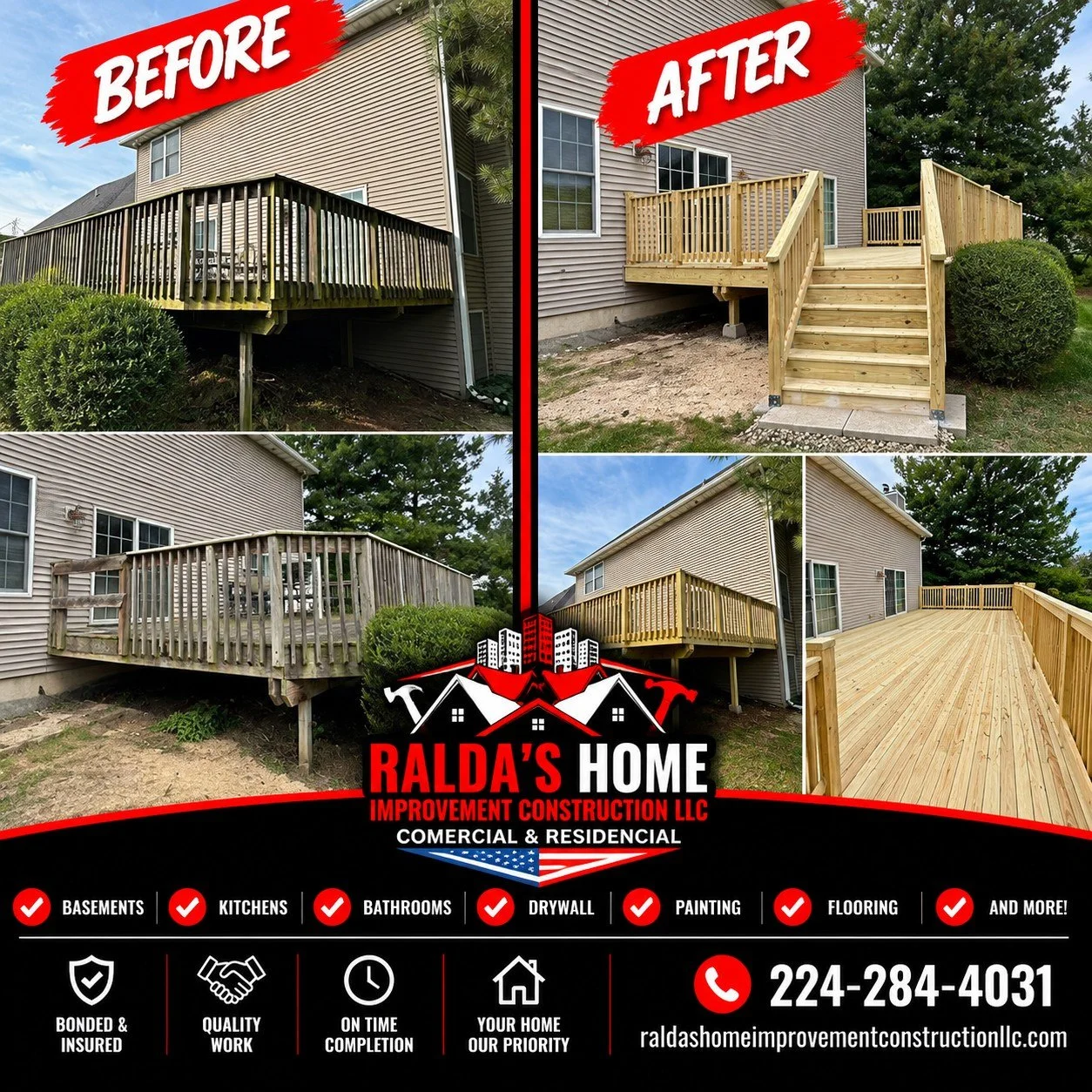 🏡 **FROM OLD &amp; WORN OUT TO STRONG &amp; BEAUTIFUL! 🔨**

Another incredible deck transformation completed by **Ralda&rsquo;s Home Improvement Construction LLC!**

We turned this aging deck into a beautiful, durable outdoor space built for years 
