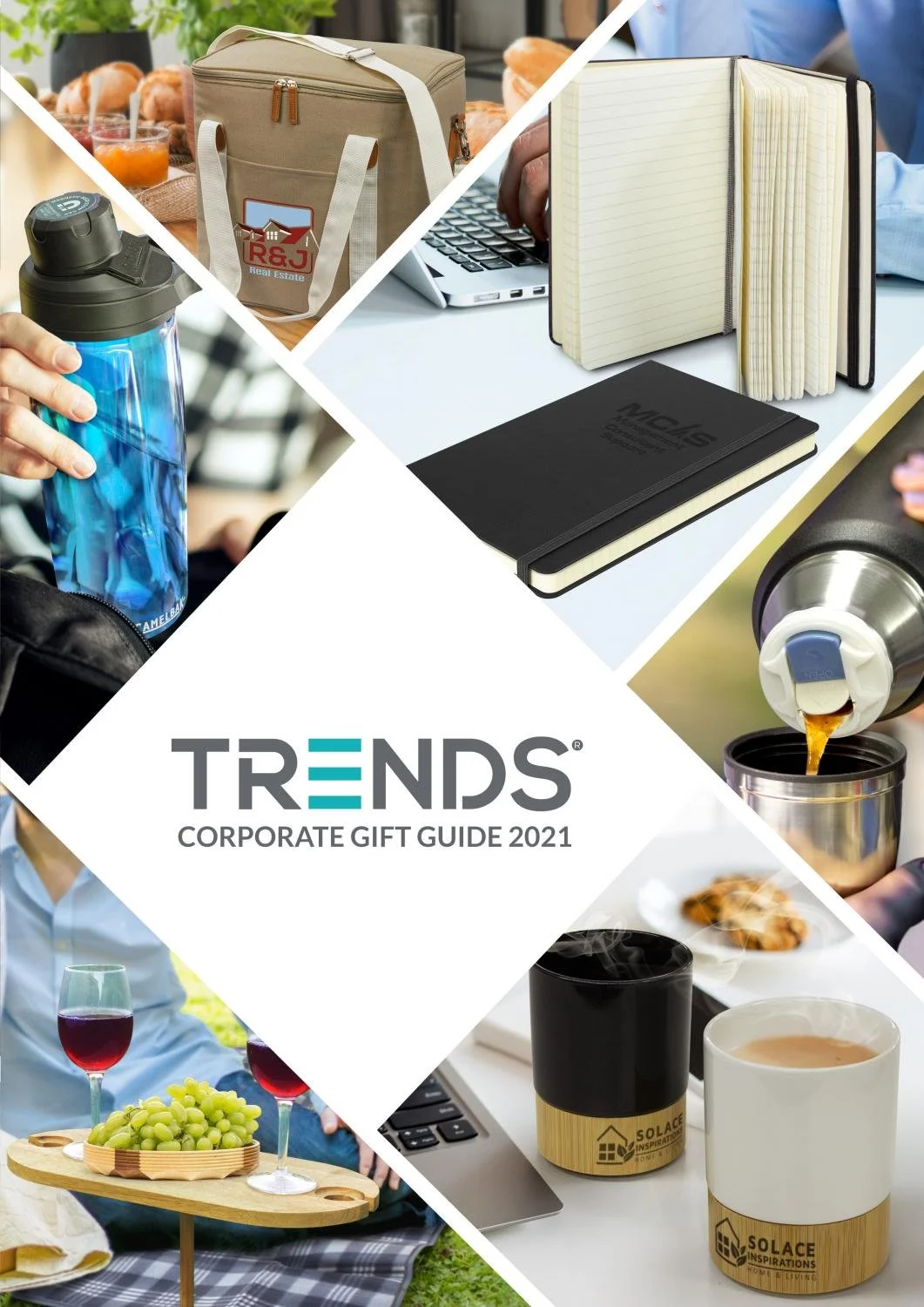 Cover of Trends Corporate Gift Guide 2021 featuring various corporate gifts including a water bottle, tote bag, notebook, coffee mugs, and beverage containers, arranged in a collage style.