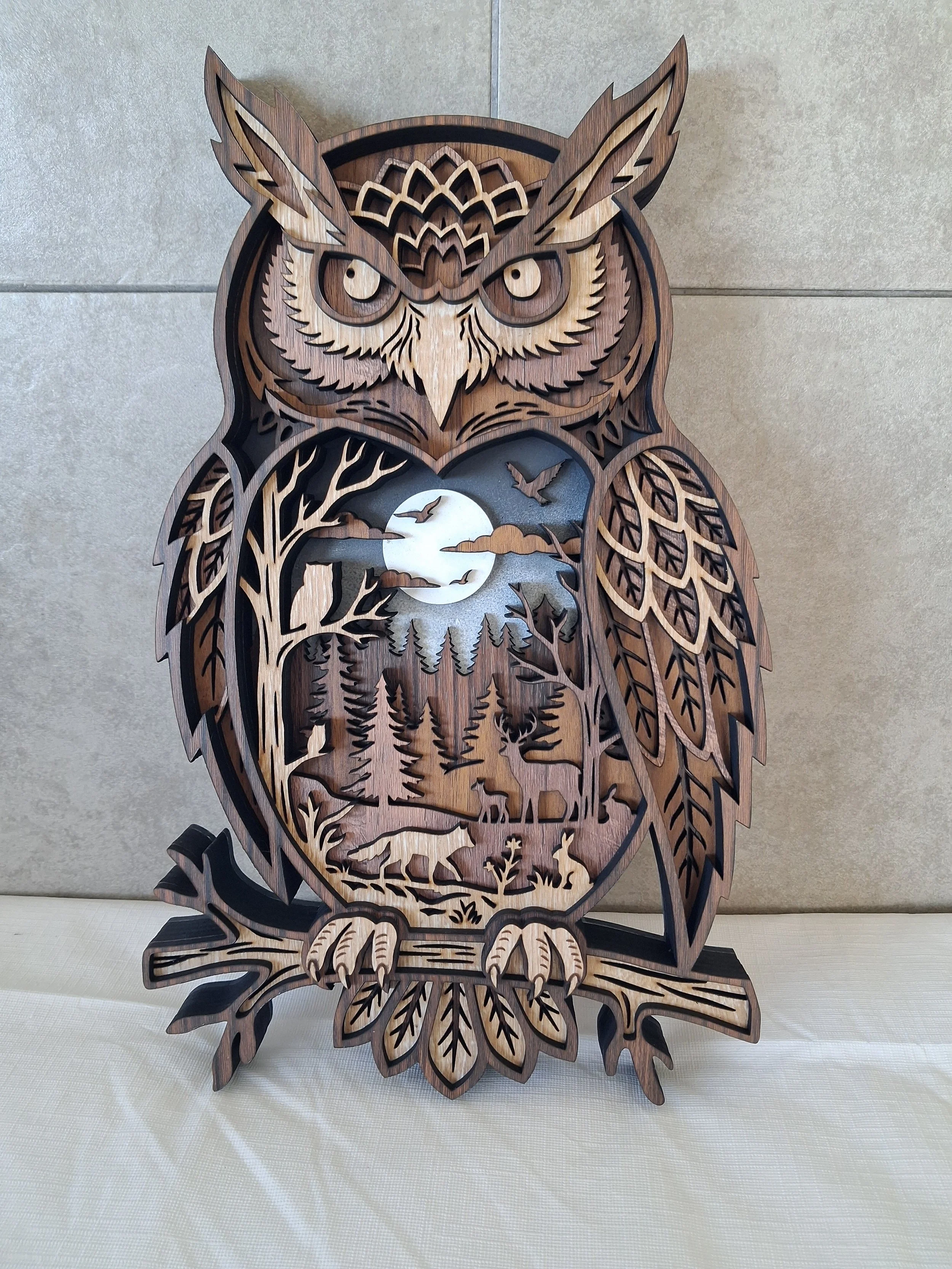 3d layered Owl in a woodland Wildlife Scene