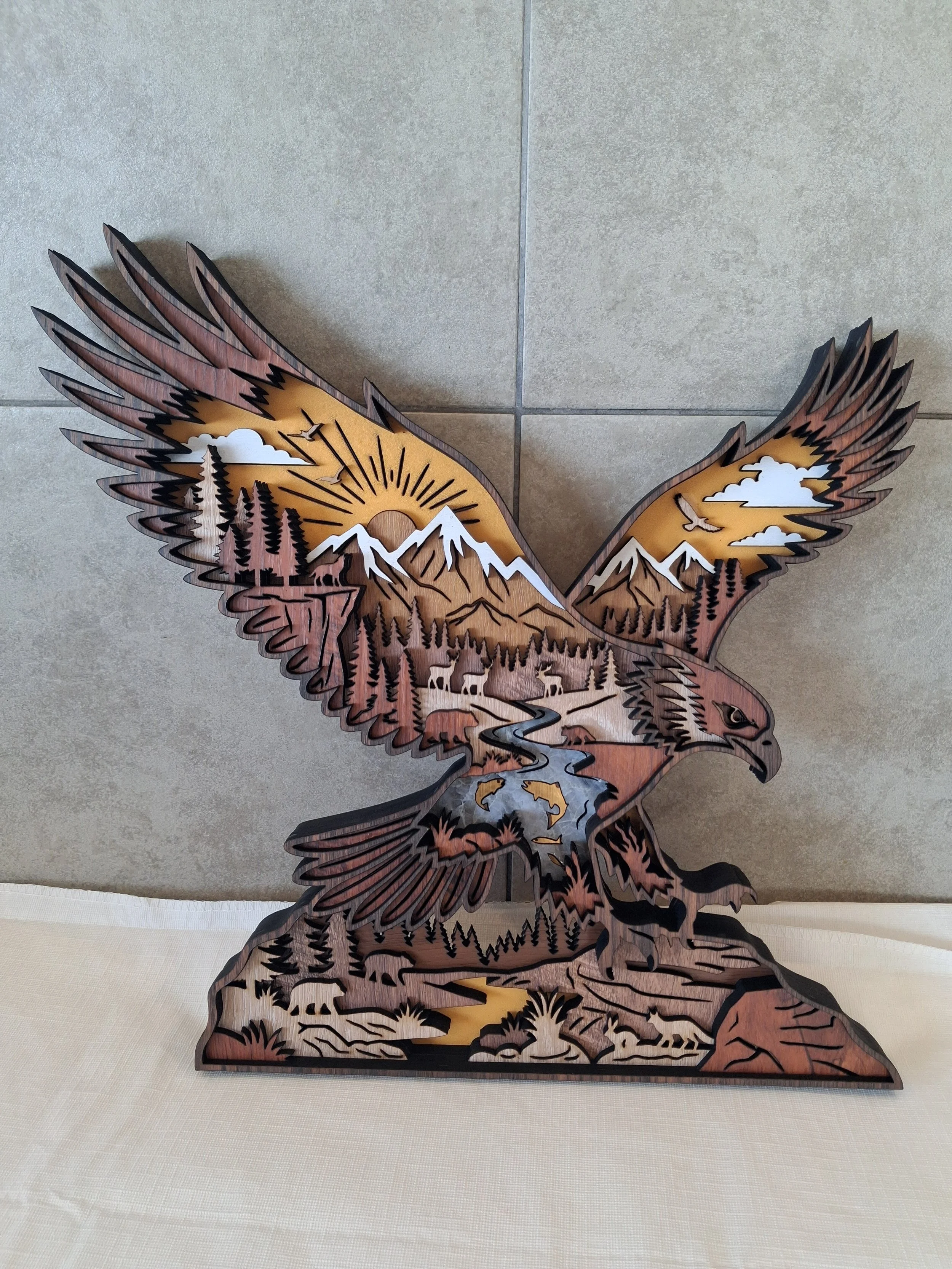 Eagle in a Forest Mountain Landscape made from veneered MDF, size 380mm (H) x 390mm (W) x 30mm (D)