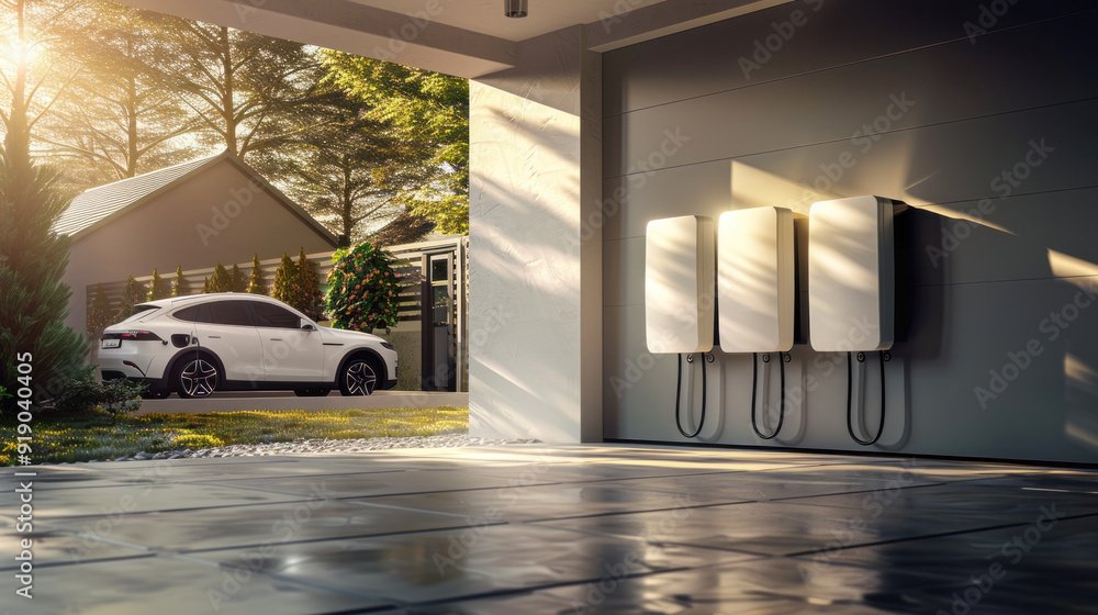 Electric vehicle charging station with three chargers, attached to a wall under a sheltered area, with a white car parked outside near a house and trees at sunset.
