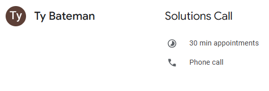 Business card with name Ty Bateman, solutions call, 30-minute appointments, and phone call icon.