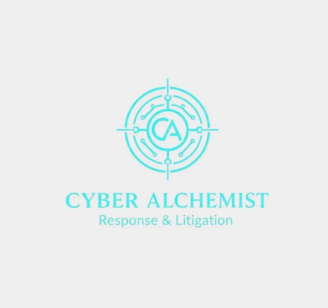 Light blue logo with stylized circuit lines and a central circle containing a letter 'A'. Below, the text reads 'CYBER ALCHEMIST Response & Litigation' on a white background.
