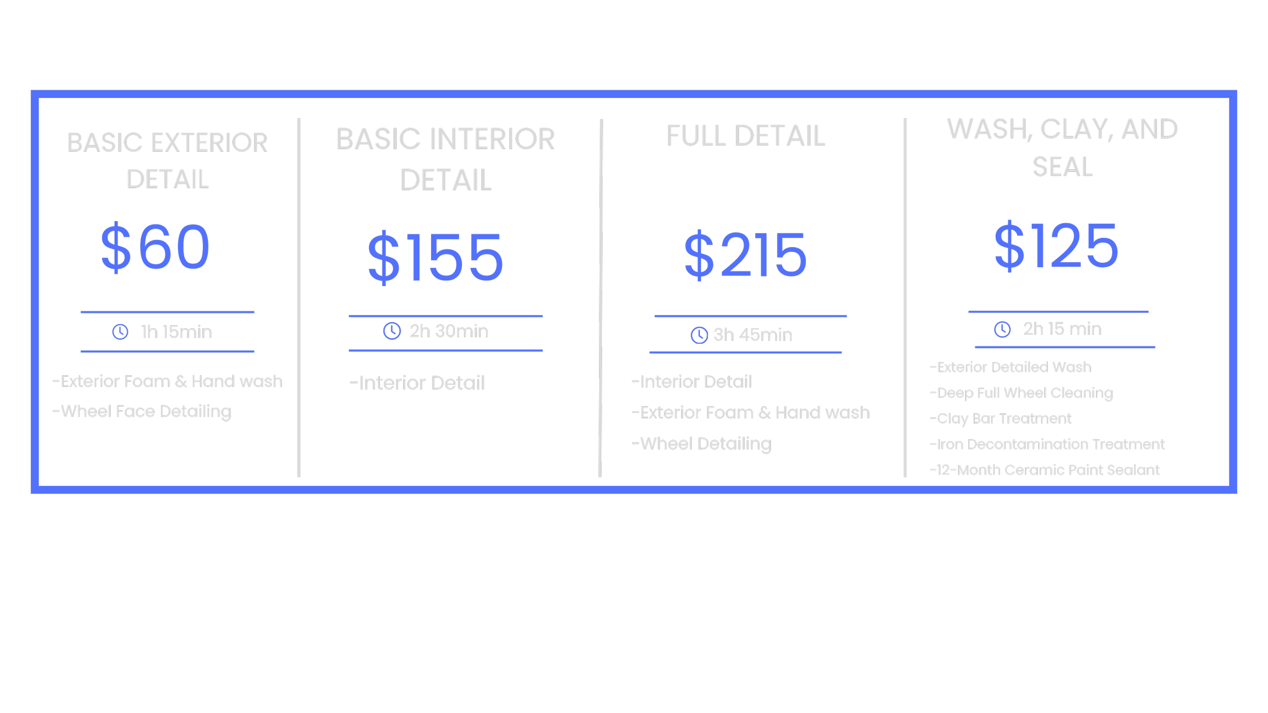 Pricing menu for car detailing services with four packages: Basic Exterior Detail for $60, Basic Interior Detail for $155, Full Detail for $215, and Wash, Clay, and Seal for $125. Each includes a specified time and list of services.