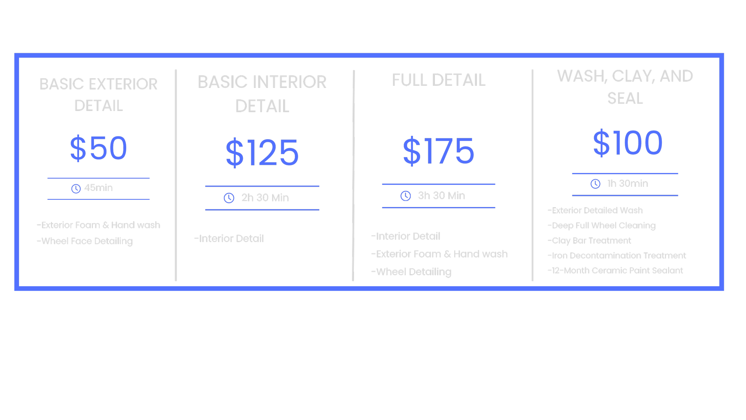Pricing menu for car detailing services with four packages: Basic Exterior Detail for $50, Basic Interior Detail for $125, Full Detail for $175, and Wash, Clay, and Seal for $100. Each package includes a description of services and estimated time.