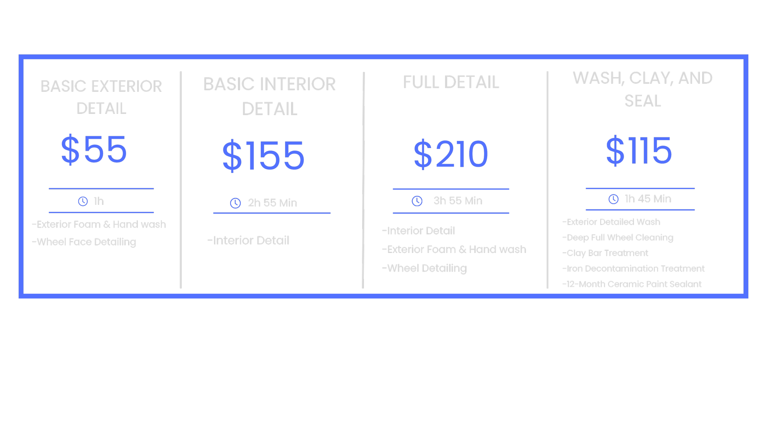 Pricing chart for vehicle detailing services showing four packages: Basic Exterior Detail for $55, Basic Interior Detail for $155, Full Detail for $210, and Wash, Clay, and Seal for $115, with details on time and services included.