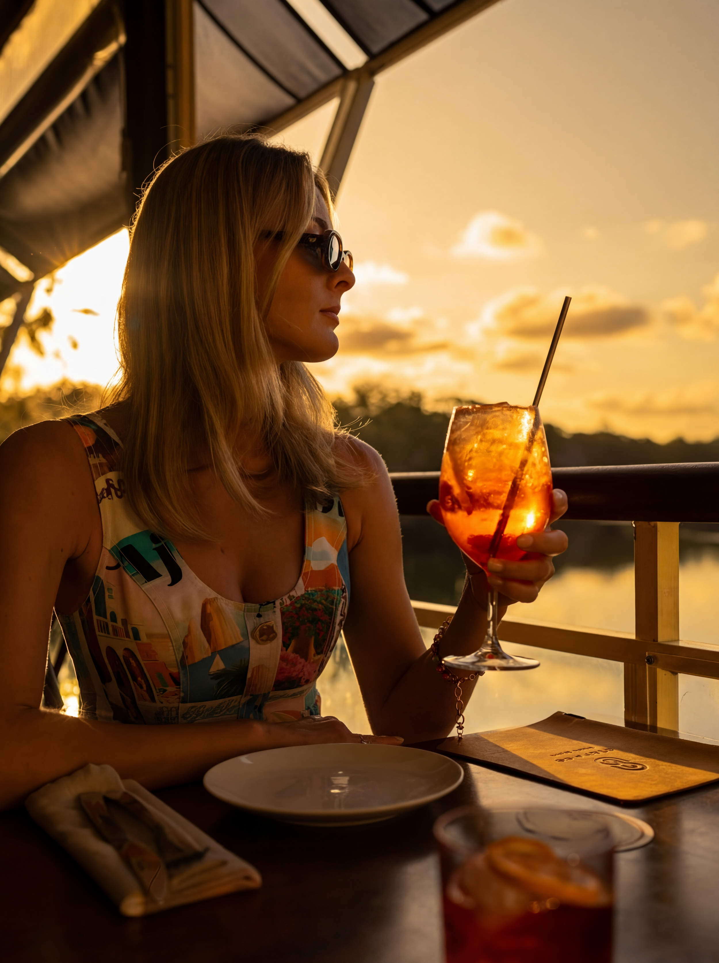 A woman with blonde hair and sunglasses sitting at a table in a restaurant during sunset, holding a large drink with ice and a straw.