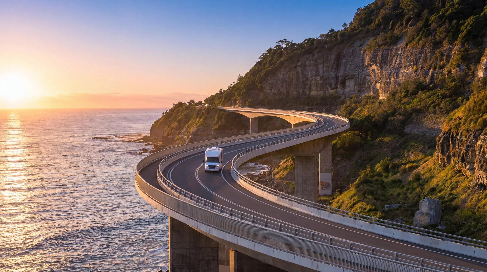 A curved highway bridge over the ocean at sunset, with a white bus traveling on it and lush green cliffs on the side.