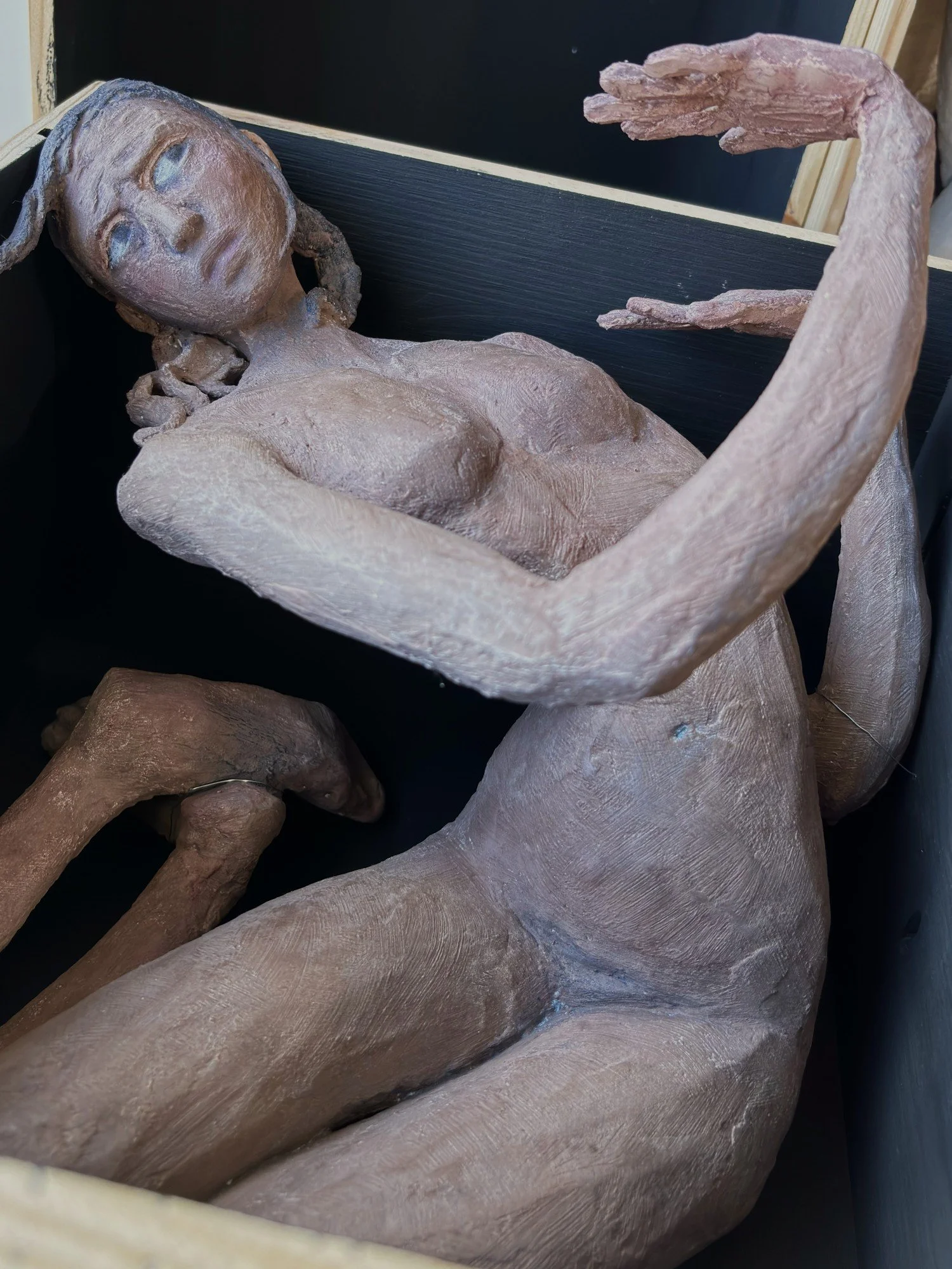 WOMAN IN A BOX No.1 13h x 11w x 10d in. paper mâché, plaster, joint compound, glue, dry pigment and shoe polish in an upcycled wine crate