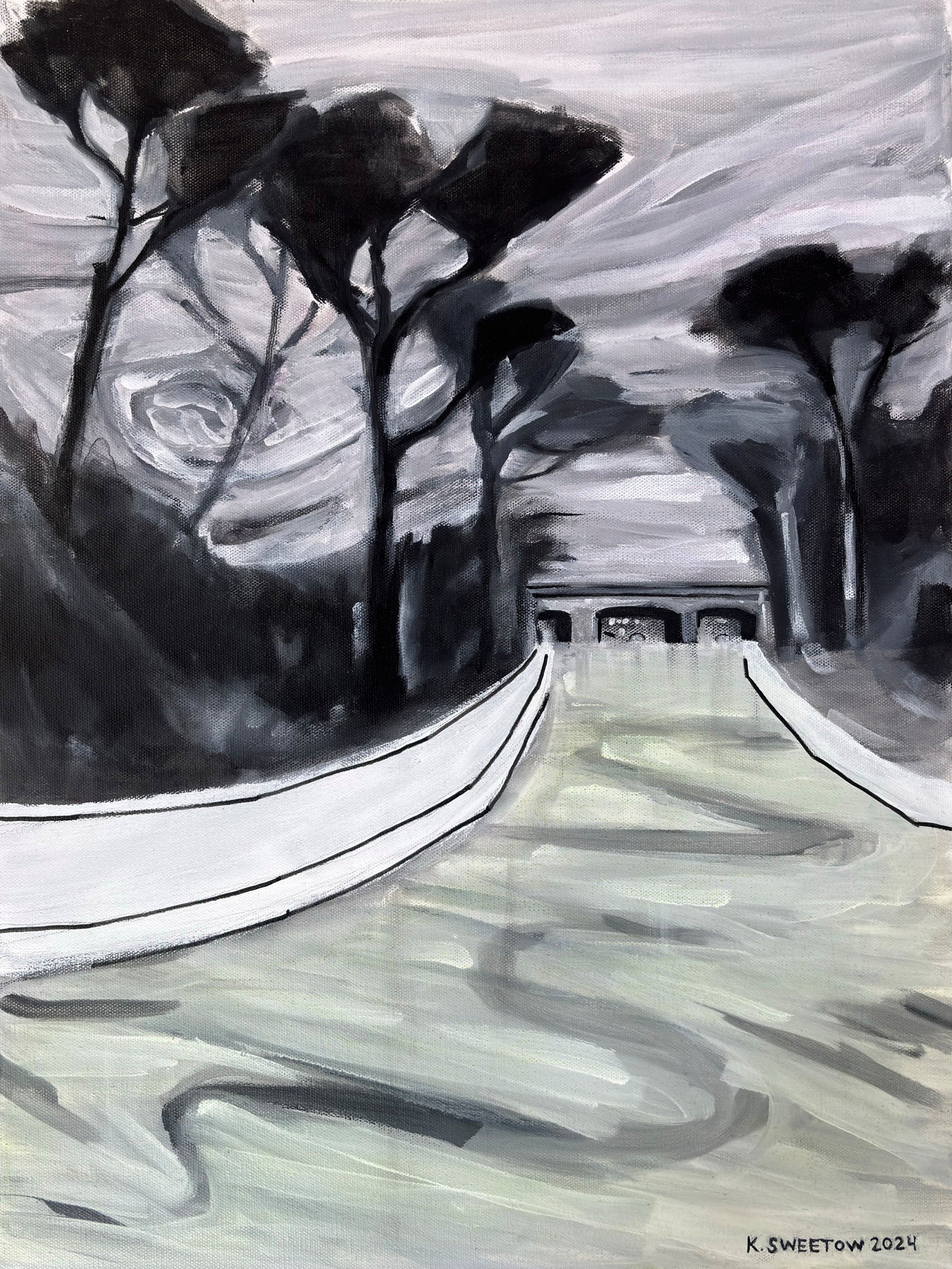 JFK AT CROSSOVER DRIVE IMAGINED AS A RIVER 24 x 18 in. acrylic paint pens, pastel and gesso