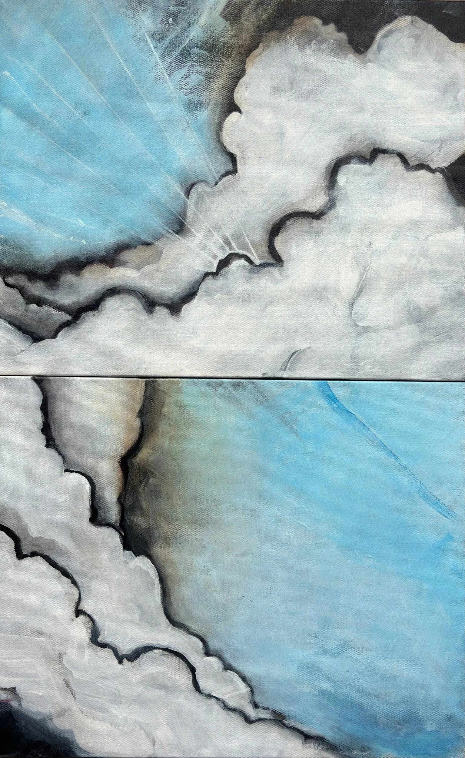 CLOUDS diptych each: 16 x 20 in. acrylic, paint pens, gesso, graphite and charcoal on canvas