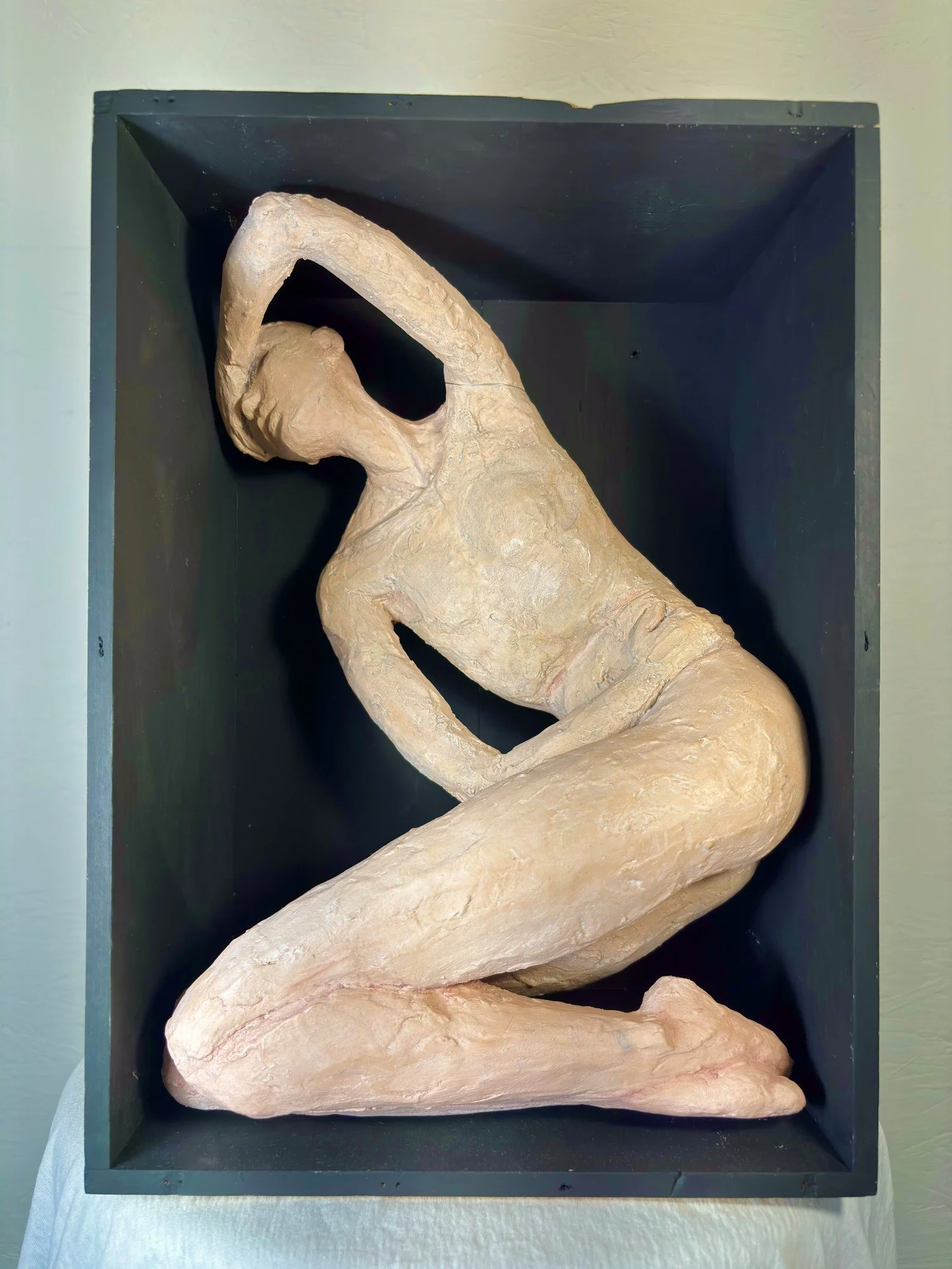 WOMAN IN A BOX No.2 14h x 10w x 7d in. paper mâché, plaster, joint compound, glue, dry pigment and shoe polish in an upcycled wine crate