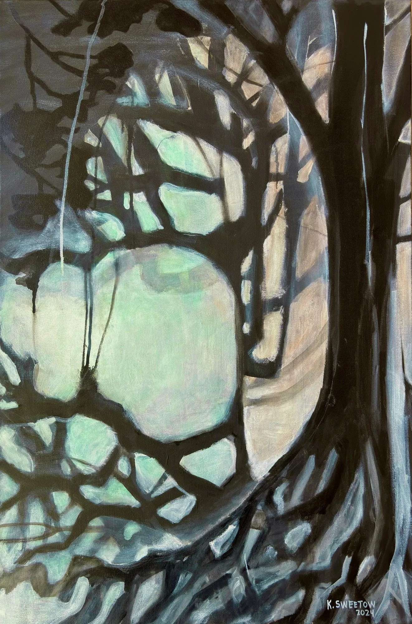 GOLDEN GATE PARK AT NIGHTMARE 36 x 24 in. acrylic, acrylic paint pens, pastel and gesso on canvas