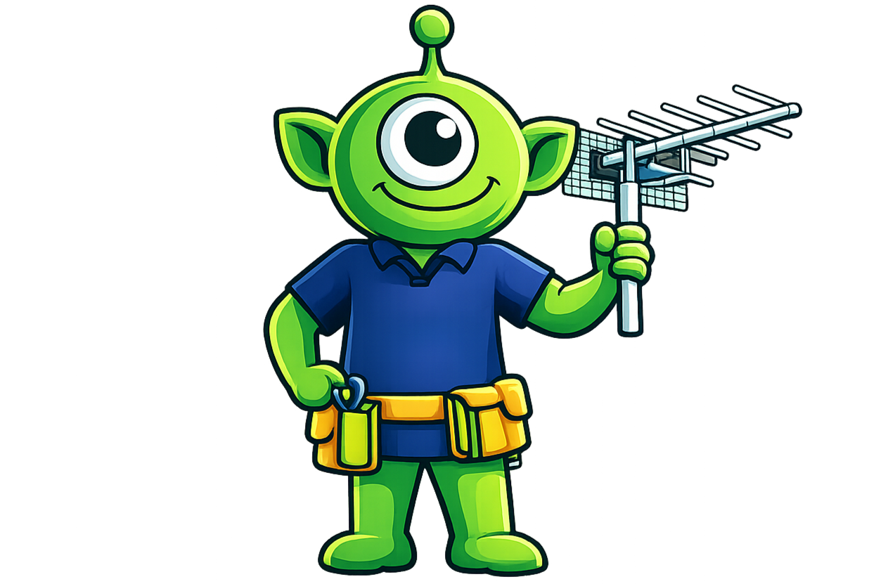 A cartoon green alien with a big eye, wearing a blue shirt, yellow tool belt, and holding a TV antenna.