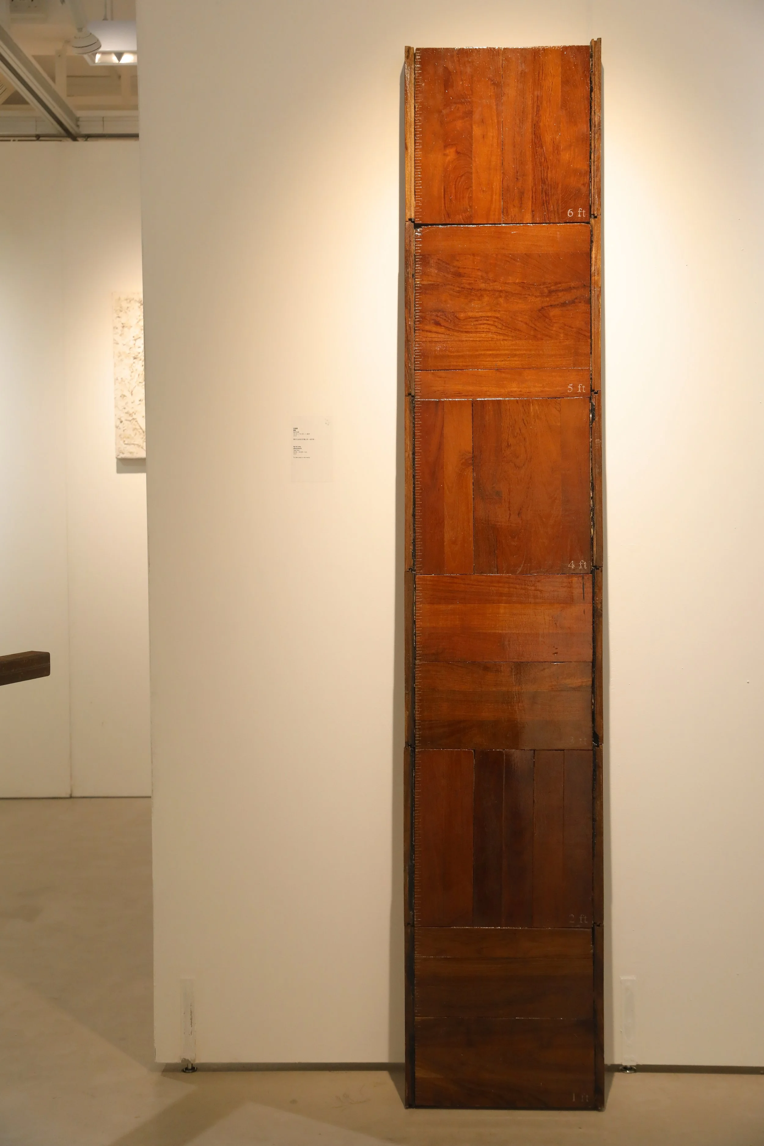 A tall wooden measuring stick with marked heights from 4 to 6 feet, displayed vertically in a museum setting.