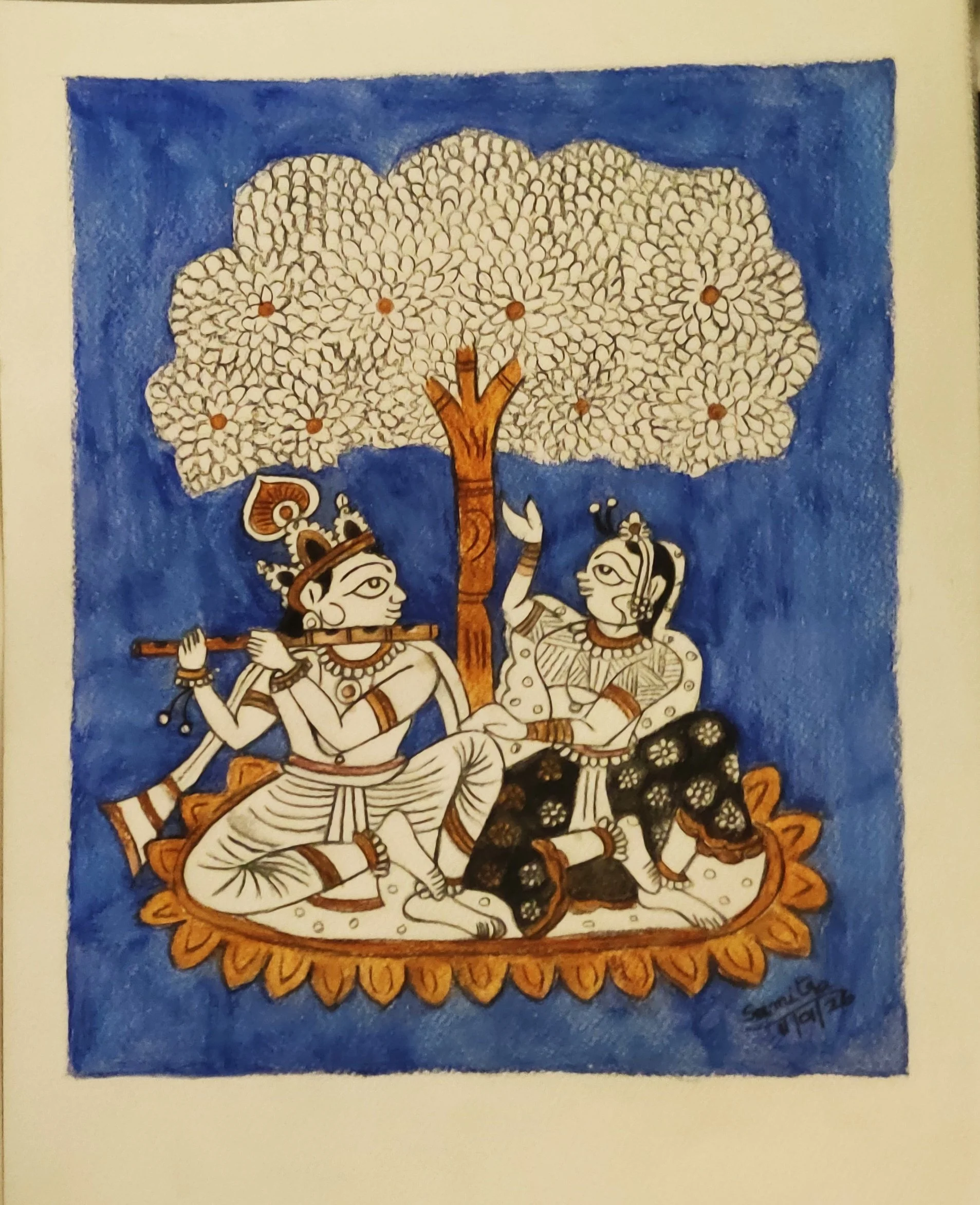 Radha Krishna Phad mural painting on A3 sixe water absorbent paper using water colour pencils