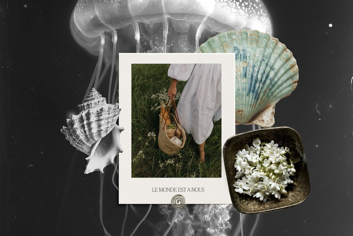 A collage with a central Polaroid photo of a person in a white dress holding a basket with groceries, standing in green grass. Surrounding the Polaroid are seashells, a brass bowl of white flowers, and a background featuring a jellyfish in black and white.
