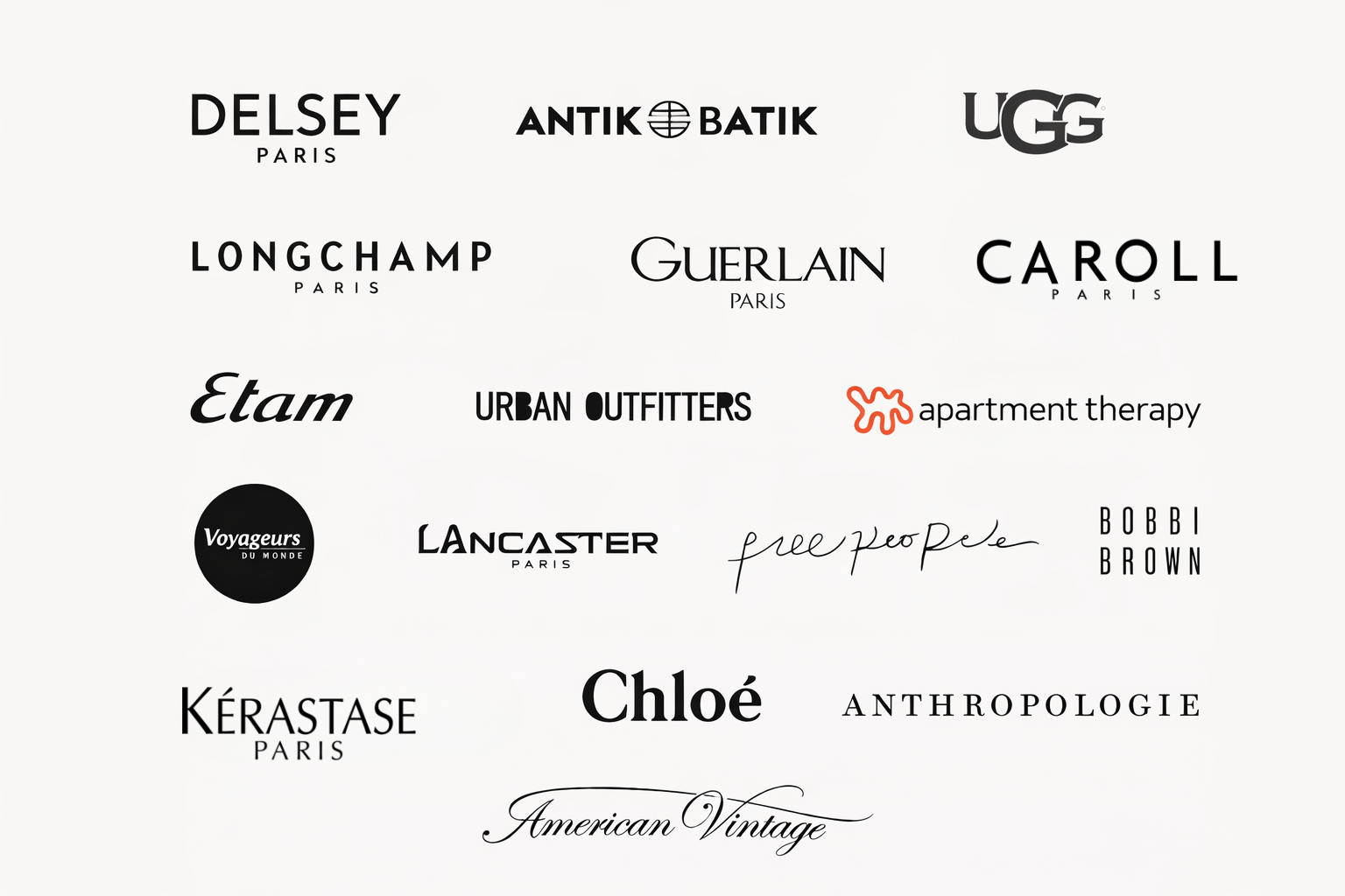 A collage of various fashion, beauty, and lifestyle brand logos including Delsey, Antik Batik, UGG, Longchamp, Guerlain, Caroll, Etam, Urban Outfitters, Apartment Therapy, Voyager, Lancaster, Free People, Bobbi Brown, Kérastase, Chloé, Anthropologie, and American Vintage.