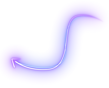 A neon sign in the shape of a curved arrow pointing to the left, glowing in purple and pink hues.