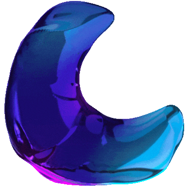 A transparent, reflective blue inflatable crescent-shaped object against a purple background.