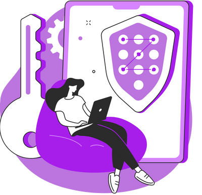 Person sitting on a purple cushion using a laptop beside a large security shield icon with connected nodes, gears in the background.