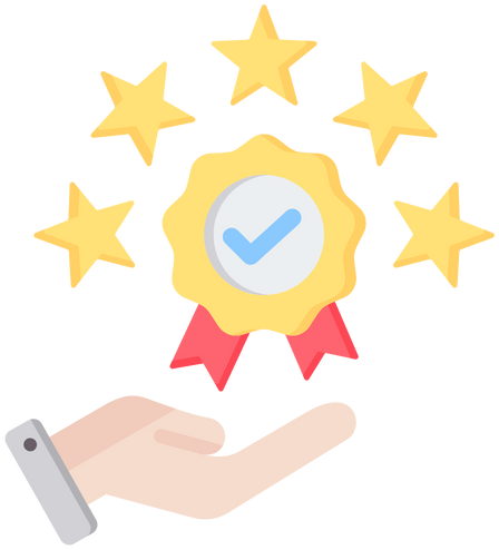 Hand holding a medal with a checkmark, surrounded by five yellow stars.