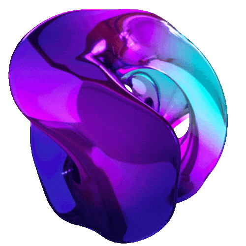 Abstract, colorful, twisting sculpture with shades of purple, blue, and teal.