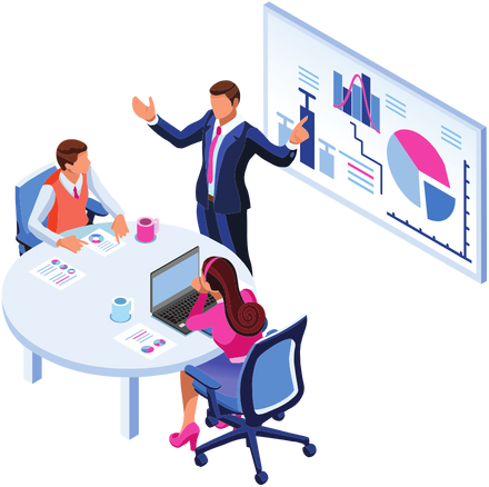 Business meeting with three people discussing data charts and graphs in an office.