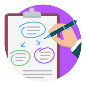 Hand holding a pen pointing at a diagram on a clipboard with text and arrows, set against a purple background.