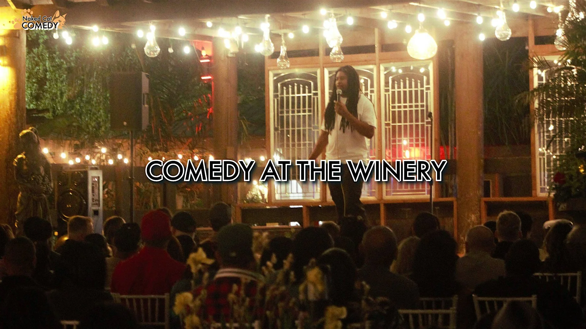 A comedian performs at a comedy event titled 'Comedy at the Winery' on an outdoor stage decorated with string lights and glass lanterns, with an audience seated facing the stage during the evening.